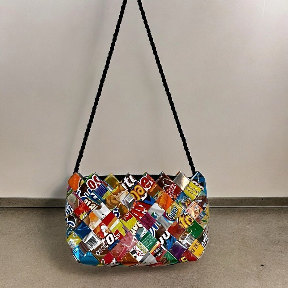 Handmade in Mexico Junk Food Woven Wrappers Bag Purse - Medium Zip Top - Picture 1 of 11